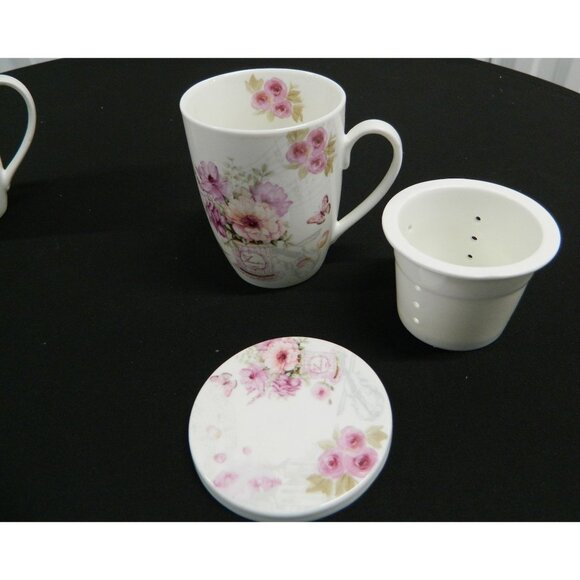 Novel Korea Ceramic Tea Infuser Mugs Lids & Strainers Floral Bird Design Set  2 - Picture 16 of 16